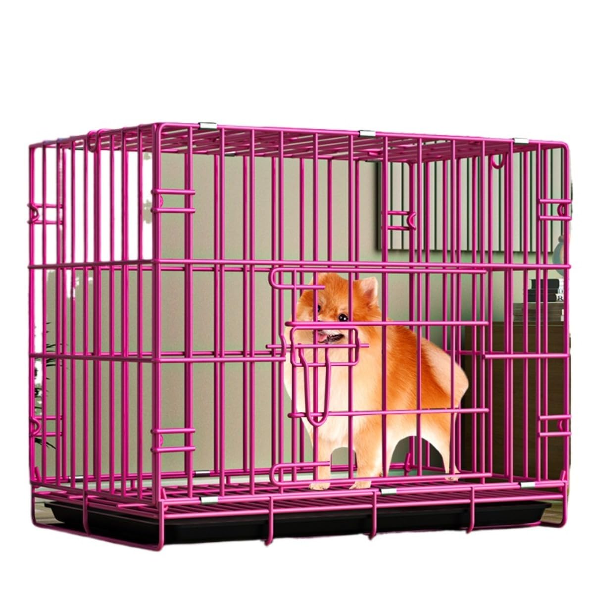 犬用ケージ ペットケージ 厚手鉄製 ペットハウス 犬小屋 猫用 小型犬 中型犬 折りたたみ式 トイレトレー付き 2WAY ドア 天窓付き 屋根付き 室内用 ペット用品 (ピンク)｜バリューライフ店