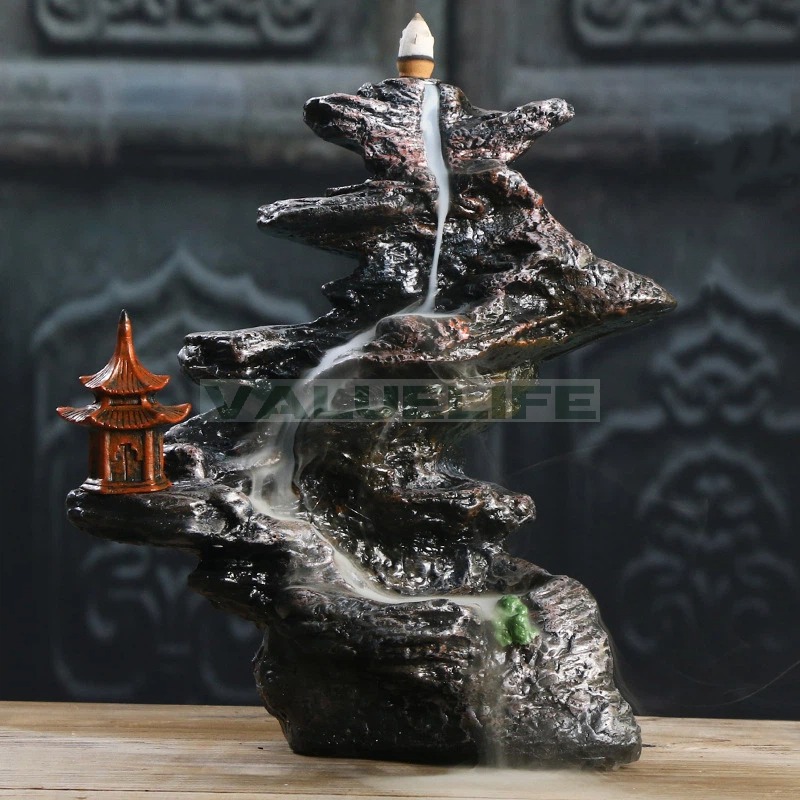 逆流 樹脂工芸品 置物 山 寺 逆流 リラックス インテリア 日常使い 癒し 煙が下へ流れる 香りを楽しむ