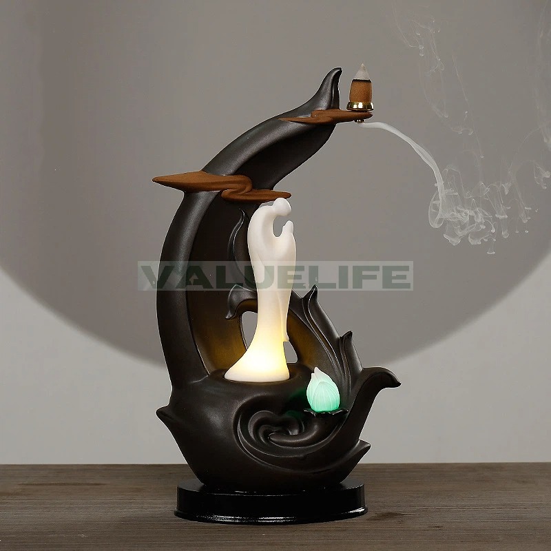 陶磁器 逆流香薫炉 LEDランプ 蓮の鑑賞 逆流香炉 工芸品 置物 リラックス インテリア 日常使い 癒し 煙が下へ流れる 香りを楽しむ