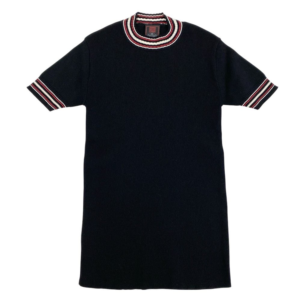 【美品】JEANPAUL GAULTIER CLASSIQUE ジャンポールゴルチエ 古典派音楽 半袖リブニット カットソー チビT 編み物スウェーター 日本製 48大きさ 黒いこと ナイロン100％ レディース中古スk02i