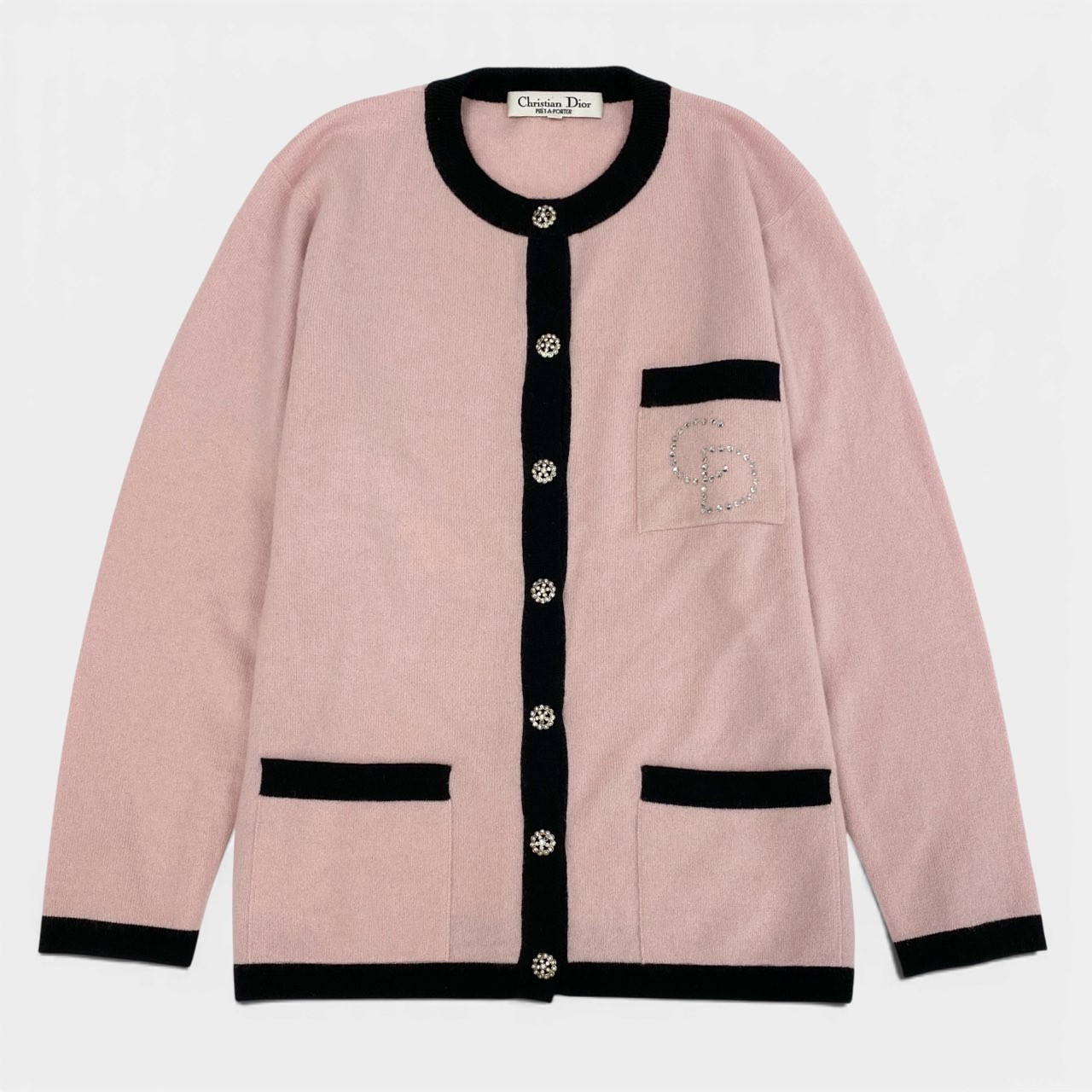 Vintage Christian Dior ヴィンテージ ディオール Cashmere100% カシミール編み物 Rhinestone Logo Knit Cardigan ジレー レディース 成人女性用k02i 【中古】