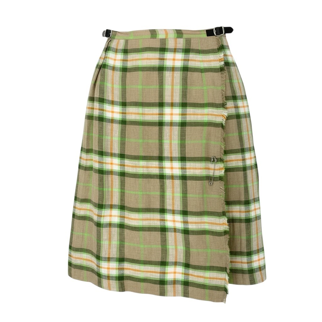 67a12 《美品》 O’NEIL OF DUBLIN オニールオブダブリン 定番 照合のしるし柄 巻きスコート 膝下スコート ゼムクリップ付き添い人 42 緑であること ベージュ リネン レディース 成人女性用u02t