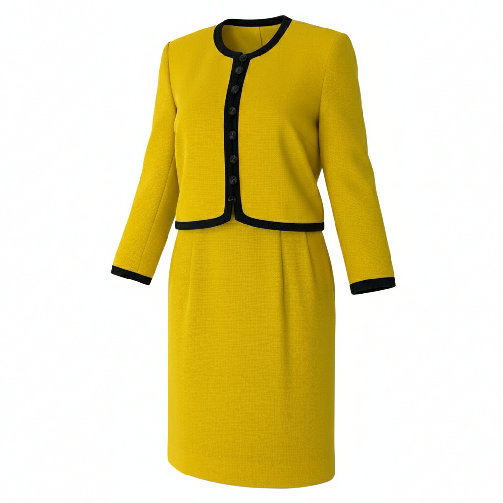 Vintage Yves Saint Laurent ヴィンテ ージイブサンローラン YSL ノーカラー セットアップ スカート ジャケット Trim Cooarless Skirt Suit S イエロー ブラック ウール レディースo07t中古｜バリューストック