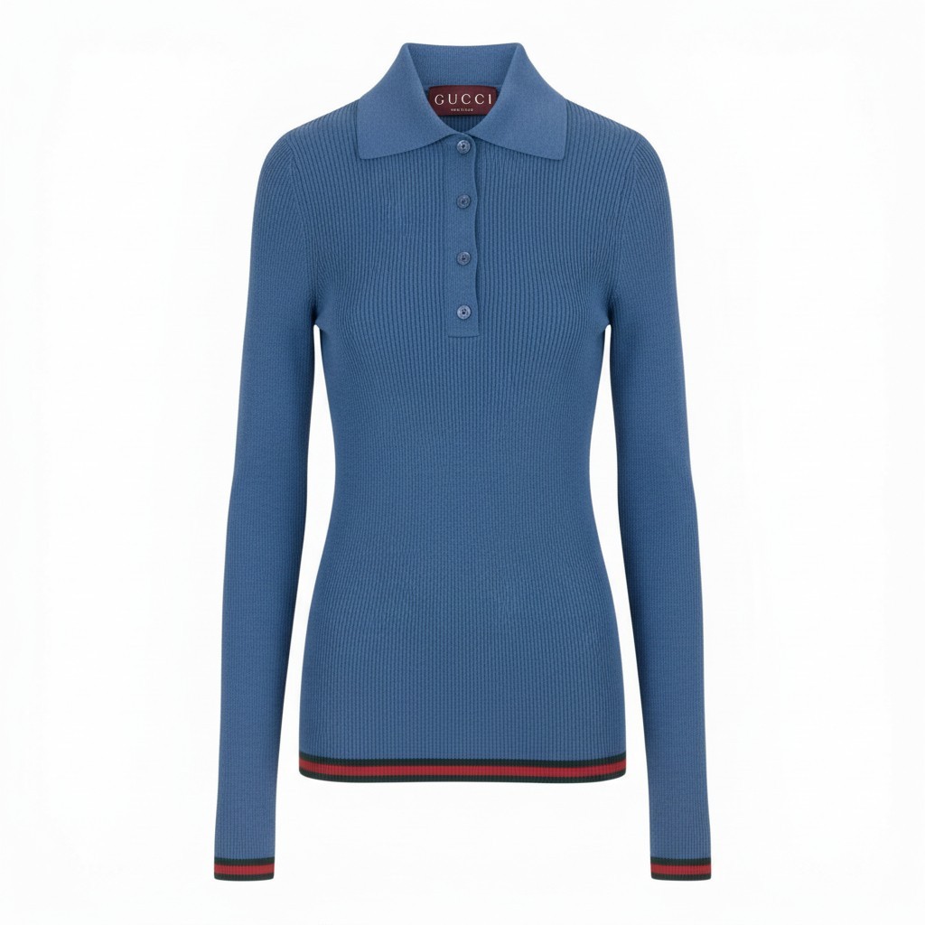 【新品保管品】GUCCI グッチ 2026 カシミヤシルク ポロニット シェリーライン Cashmere Silk Polo Knit XSサイズ ブルー レディース 女性用ta1 中古