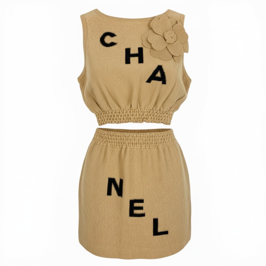 《美品》 CHANEL シャネル 2019 幽客通い路着 ロゴタイプ クロップドトップス スコート P61529 40 ベージュ レディースta1【中古】