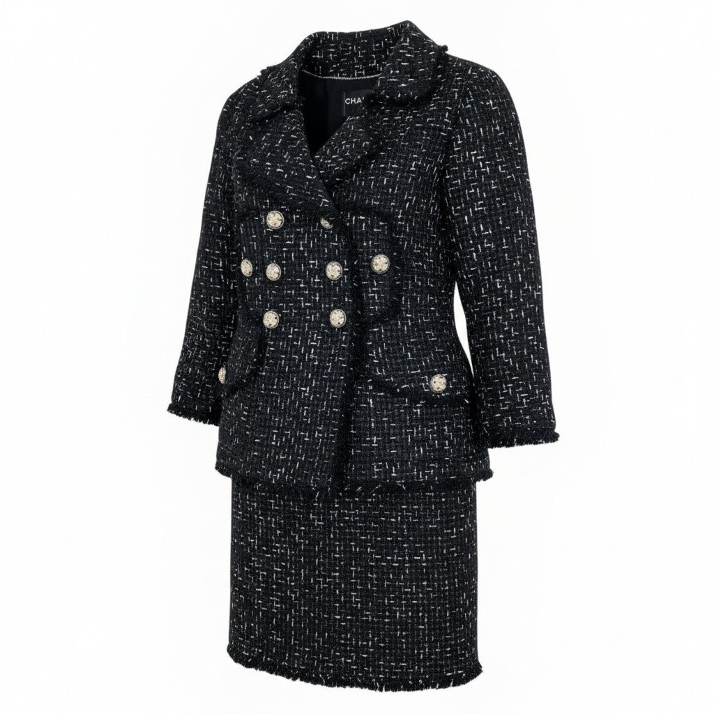 《極美品》 CHANEL シャネル ロゴリボンテープ ルサージュ ダブルツィード セットアップ Logo Ribbon Lesage Double Tweed Setup P45108 大いさ36 黒いことt18r 中古