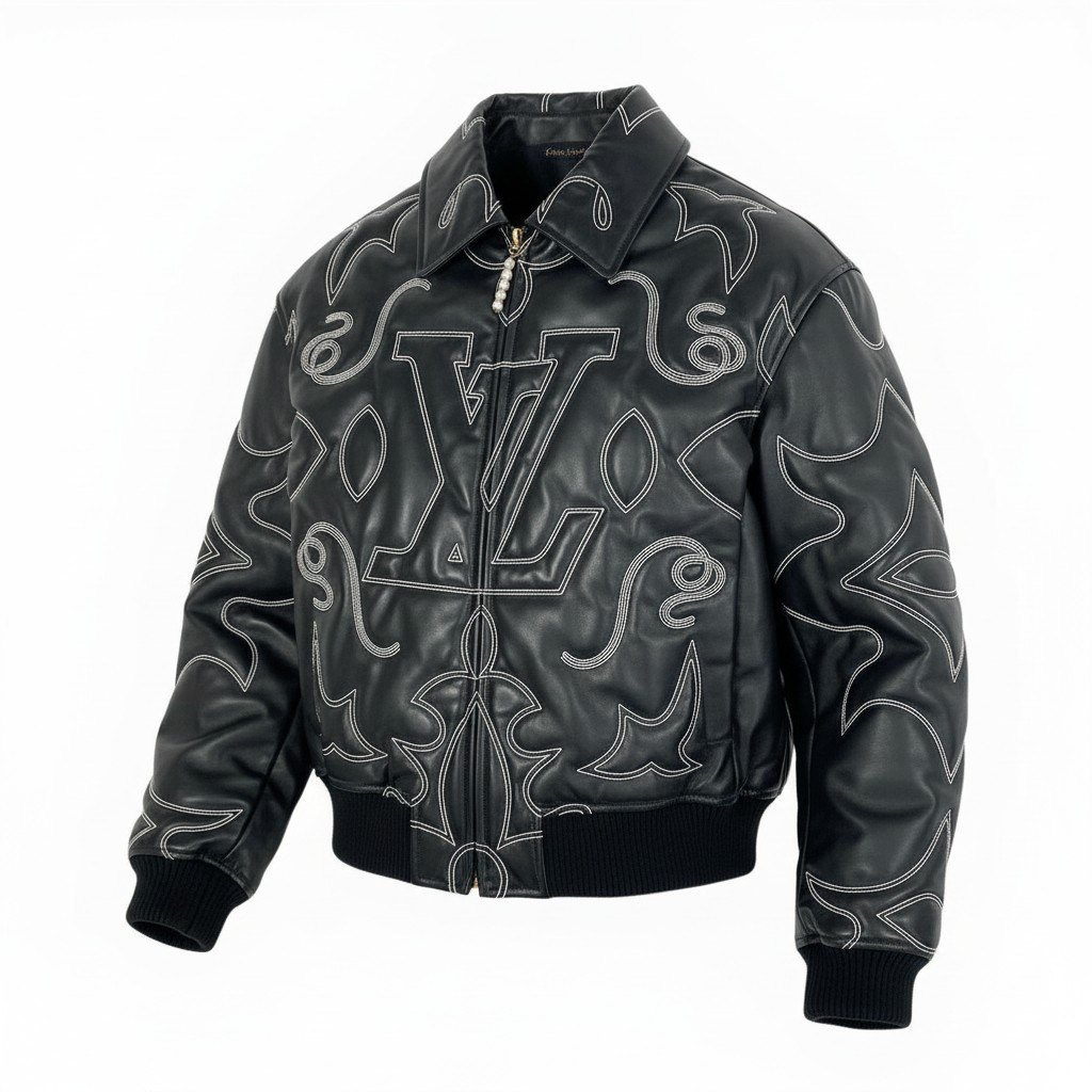 《美品》 LOUIS VUITTON ルイヴィトン 刺しゅう レザーボンバージャケット Embroidered Leather Bomber Jacket 大きさ52 黒いこと 牛皮 超滅多に無いt18r 中古