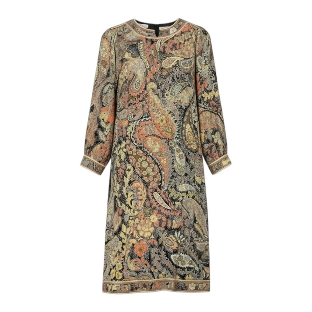 LEONARD FASHION レオナール ロングスリーブワンピース ペイズリー柄 花柄プリント サイズL マルチカラー ウールシルク レディース 女性用o07t中古|バリューストック