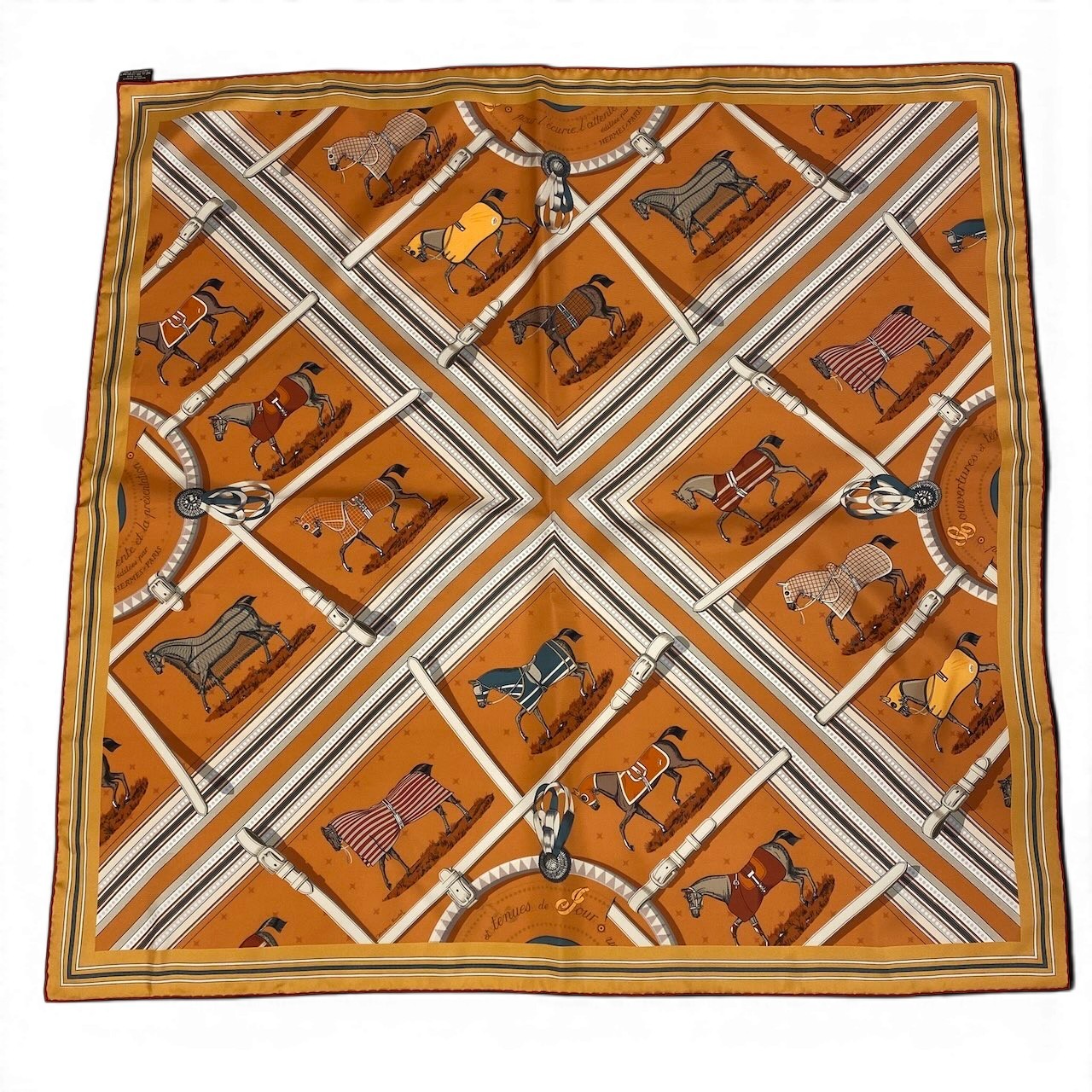 【美品】HERMES 2026年 カレ90 ダブル人間の顔 馬着 オレンジ色 地絹100％ レディース メンズ ユニ一発やるk02i 【中古】