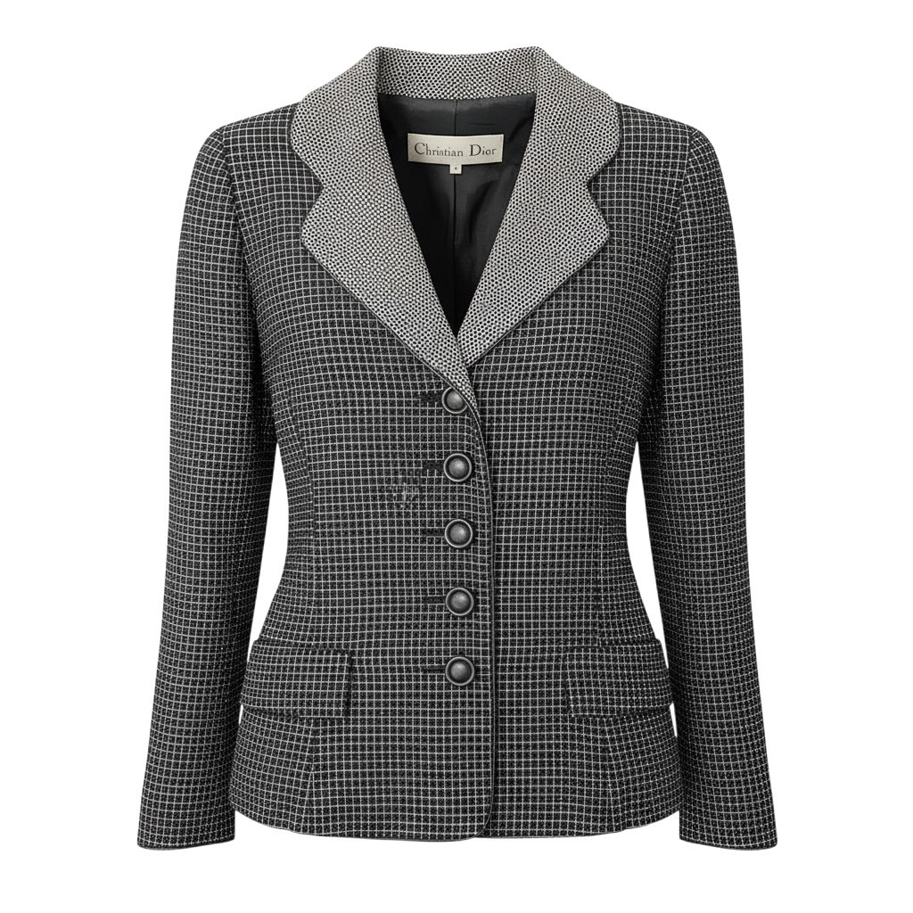 Christian Dior ディオール テーラードジャケット  レザーパイピング 照合のしるし柄 総柄 大きさ9 黒いこと 白いこと レディース 成人女性用o07t 中古