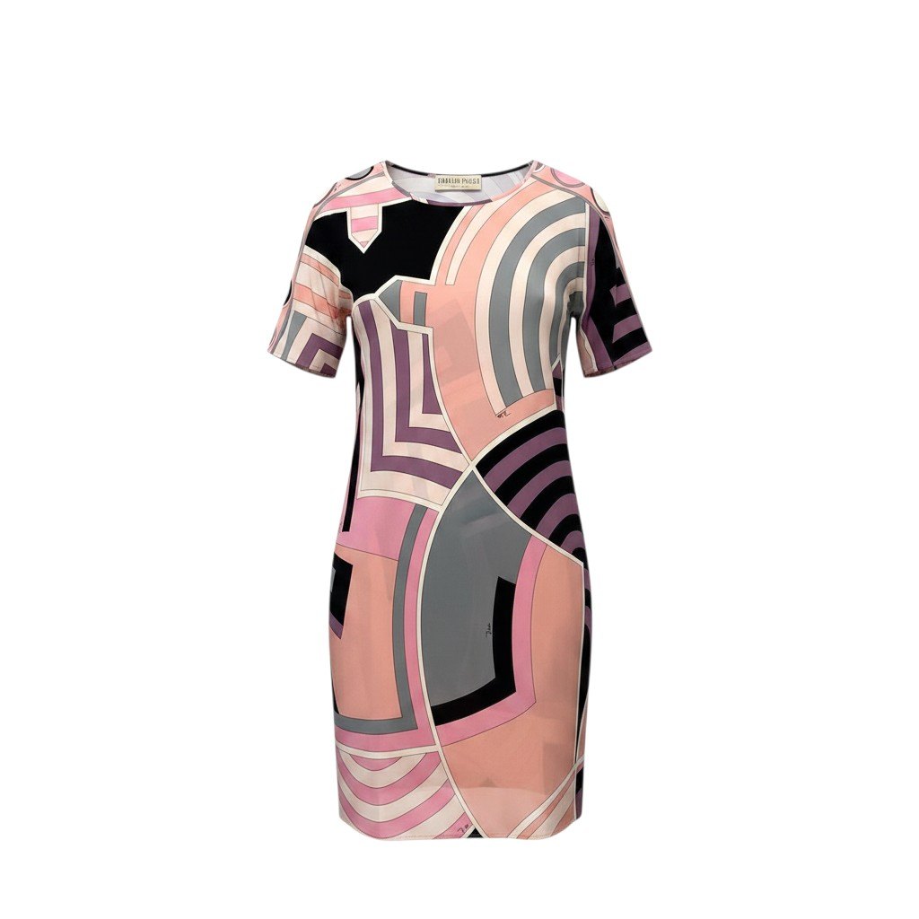 EMILIO PUCCI エミリオプッチ シルクチュニックワンピース  立ちはだかる刷り上げる 五分袖 イタリア製 38大きさ サクラ色系 レディース 成人女性用u02t【中古】