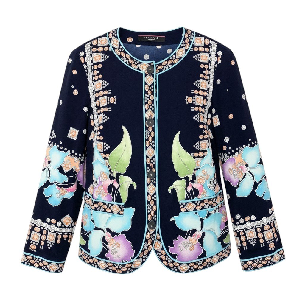 【美品】 LEONARD FASHION レオナール ロングスリーブカーディガン カンカン原材料 総柄刷り上げる ロゴタイプ名取り草 0159418 大きさL 米国海軍 レディース 成人女性用u02t 【中古】