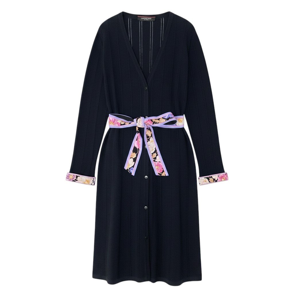 【美品】 LEONARD FASHION レオナール ロング 編み物ジレー カンカン原材料うつり変わり リブニット 長袖 花柄刷り上げる 大きさ38 黒いこと レディース 成人女性用u02t 【中古】
