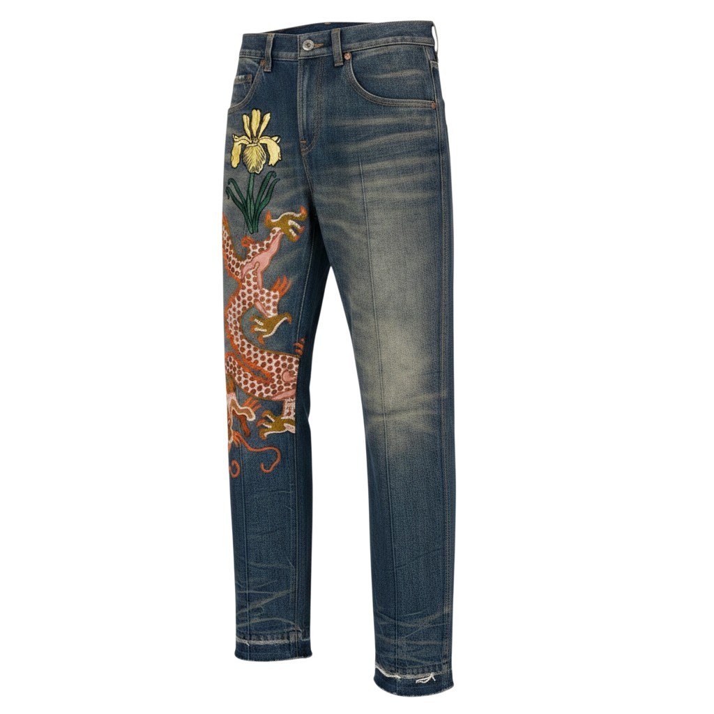 GUCCI グッチ 火竜 御花刺しゅう ヴィンテージ製作 ジーンズズボン下 Dragon Flour Embroidered Jeans 大きさ30 インディゴt18r 中古