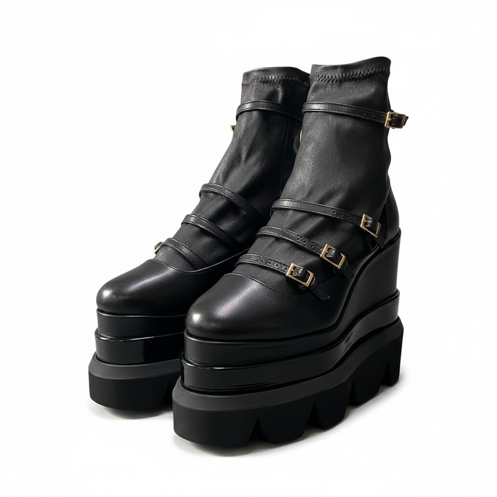 【美品】 sacai サカイ 21aw プラットホーム アンクルブーツ なめし革ブーツ 厚底 大きさ37 黒いこと レディース 亭主もち靴u02t 【中古】