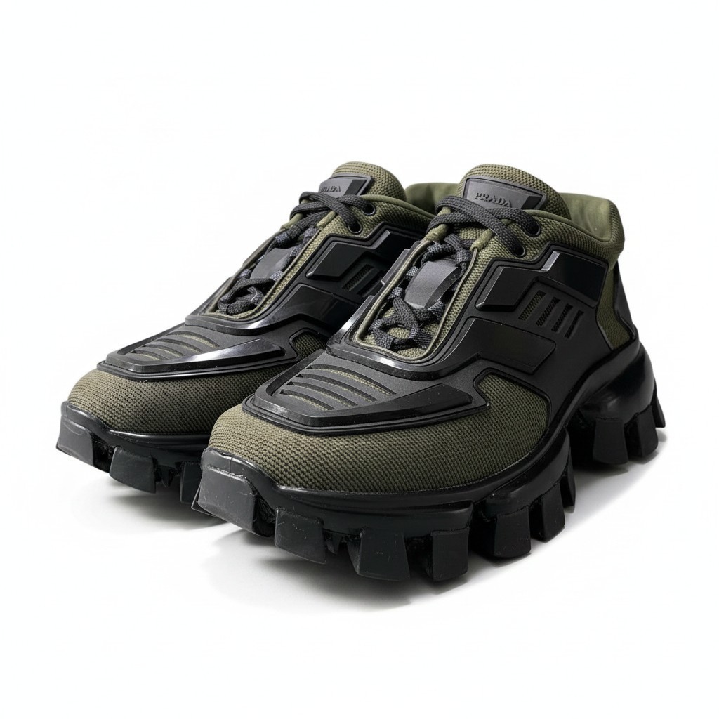 PRADA プラダ CLOUDBUST THUNDER メッシュスニーカー ボリュームソール イタリア製 メンズ 成人男性用 37 1/2 カーキ 黒いことo07t 【中古】