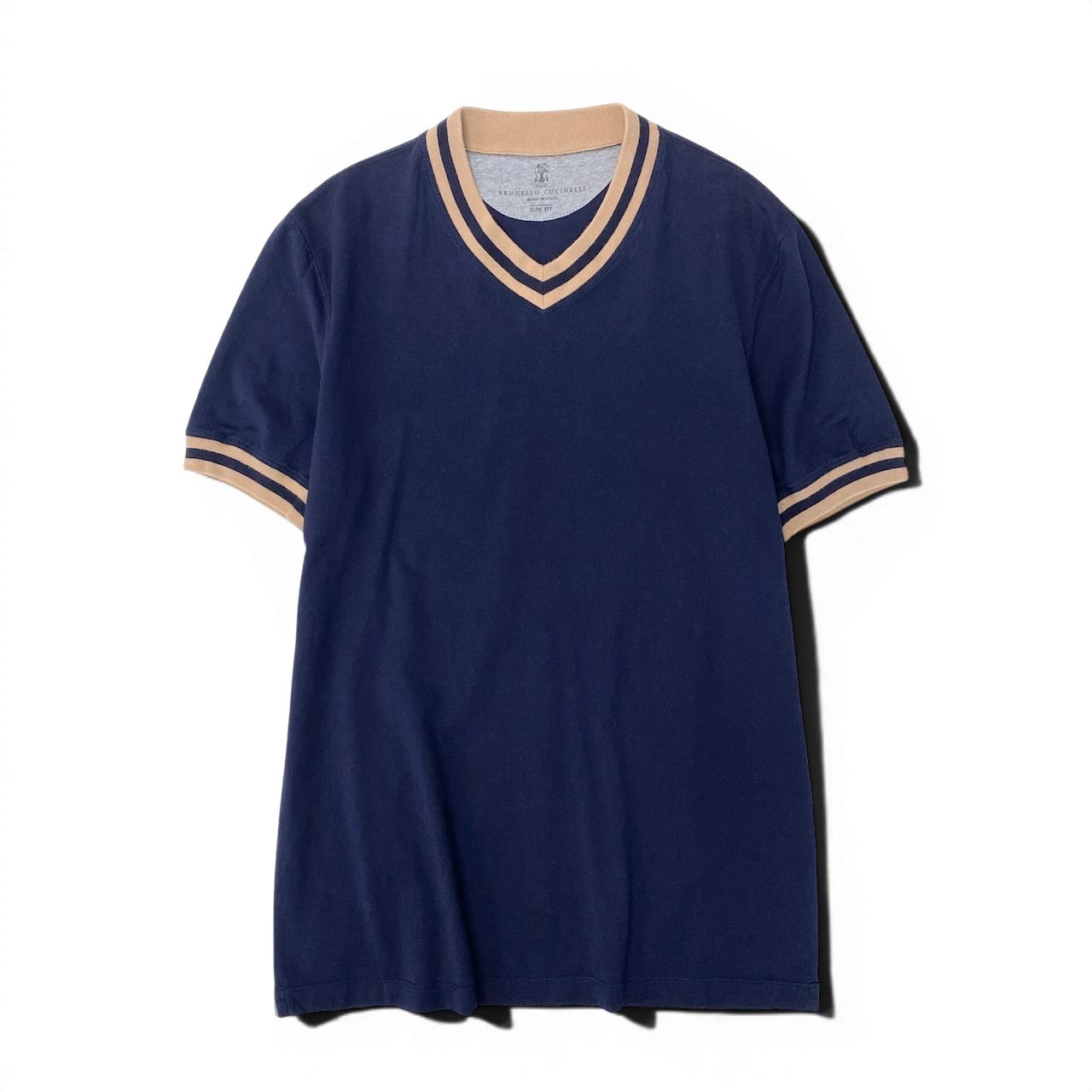 BRUNELLO CUCINELLI ブルネロクチネリ SLIM FIT リブネック 半袖プルオーバー カットソー 大きさXS 米国海軍 ベージュ 綿織物100％ メンズ 成人男性服o07t 中古