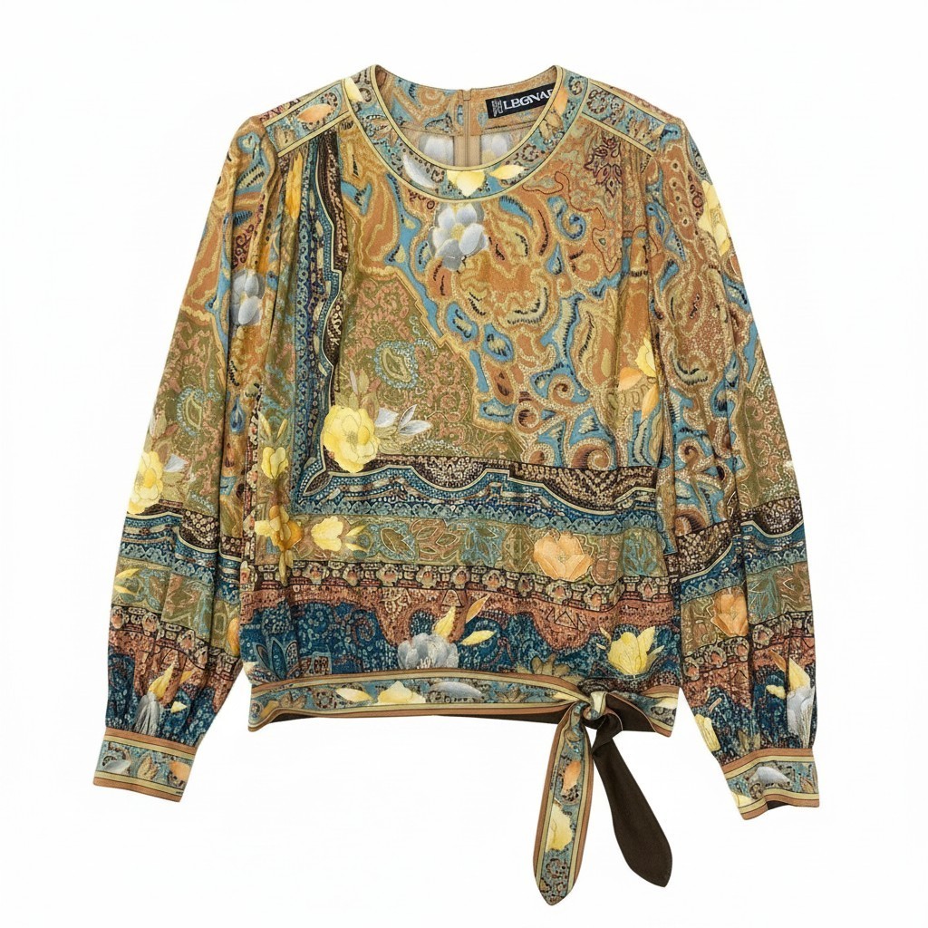 LEONARD FASHION レオナール パフ衣袂 カットソー 傍えシュロの葉 素晴らしい花柄刷り上げる トップス 大いさ9R マルチ色合い 絹地100％ レディース お上さん服o07t 中古