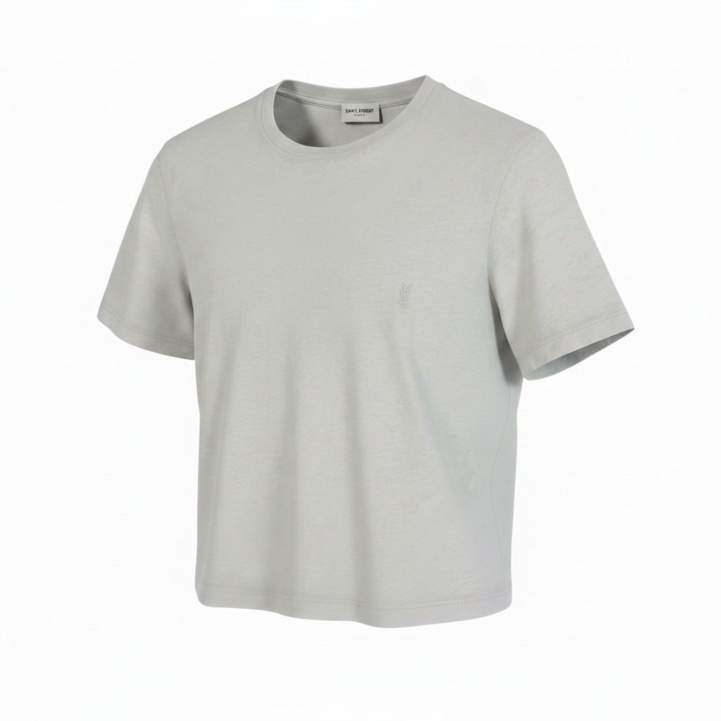 SAINT LAURENT サンローラン クロップド丈 クルーネック 半袖Tシャツ YSLロゴ刺・墸 サイズL ライトグレー コットン100％ レディース 女性服u02t 中古｜バリューストック