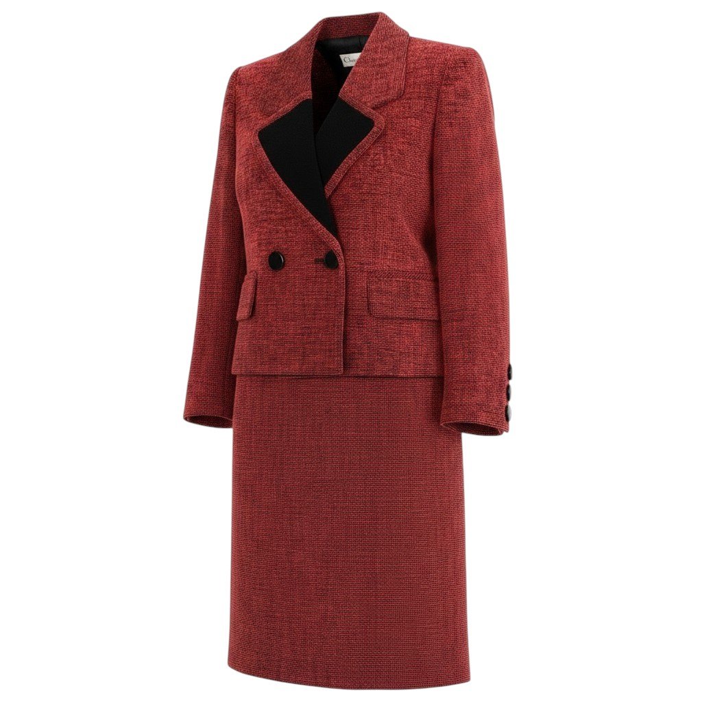 8f5 【美品】 Christian Dior ディオール セットアップ スコート背広 ツィード上衣 ダブル前胸部 フォーマル バイ色合い 大いさ9 黒いこと 赤いこと  レディース お上さん服u02t