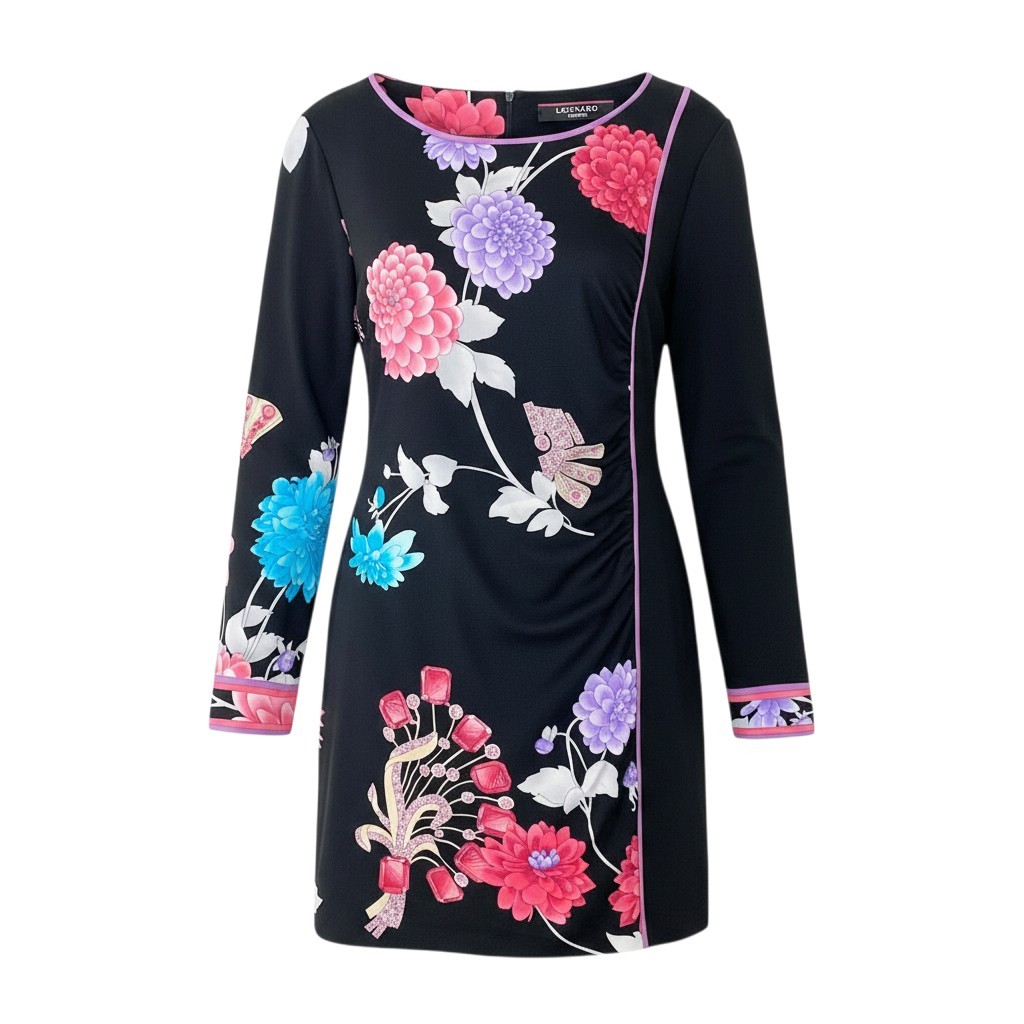LEONARD FASHION レオナール ロングスリーブ チュニックワンピース カンカン素材 美しい花柄プリント サイズ40 ブラック 画像参照 レディース 女性服u02t【中古】｜バリューストック