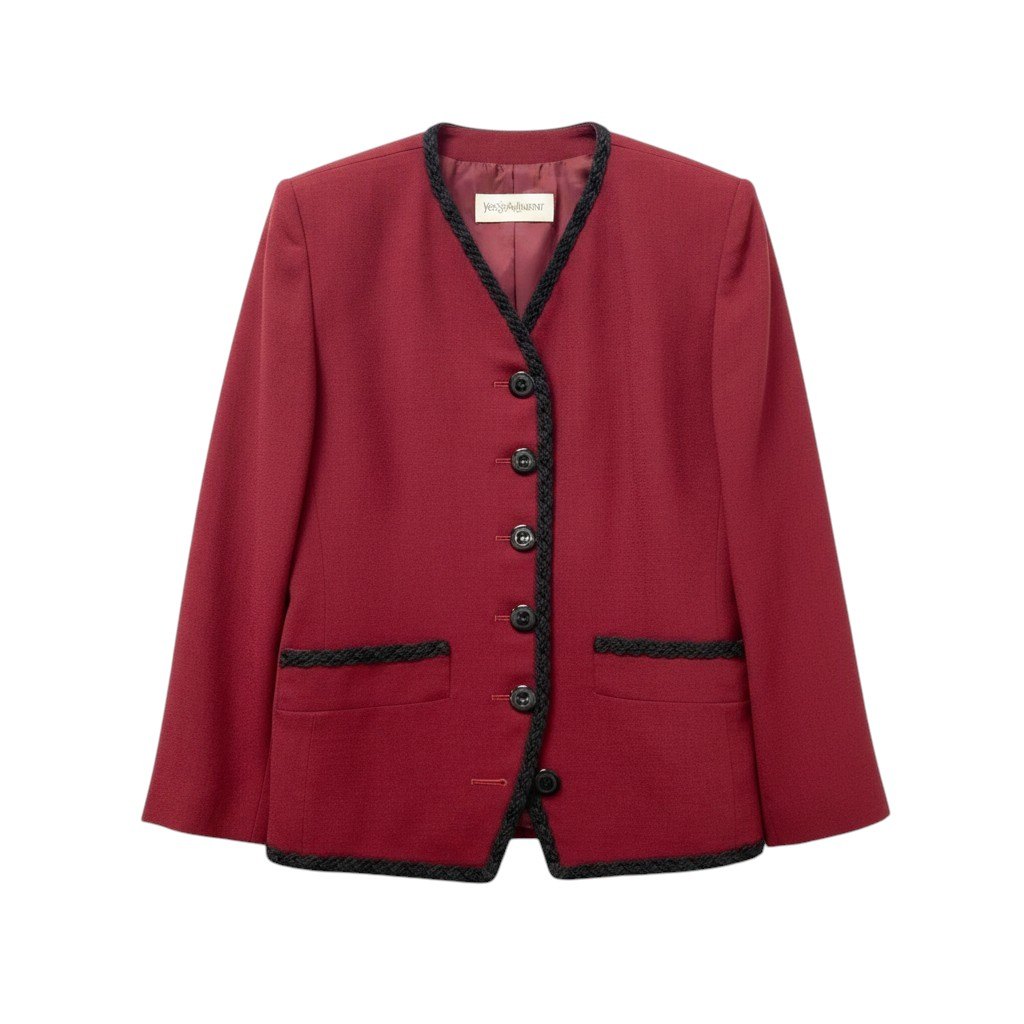 YVES SAINT LAURENT イヴサンローラン ノーカラージャケット ウールジャケット 編み込みトリム サイズ36 ワインレッド レディース 女性用u02t 【中古】|バリューストック