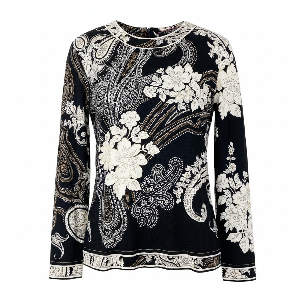 LEONARD FASHION レオナール ロングスリーブ カットソー 美しい花柄プリント ペイズリー柄 サイズM ブラック ウール シルク レディースu02t 中古|バリューストック