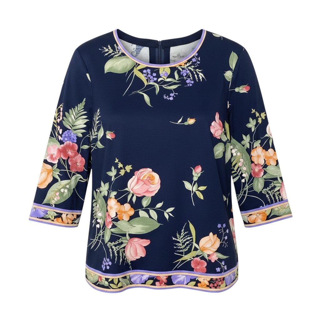 【美品】 LEONARD FASHION ロングスリーブ カットソー 美しい花柄プリント サイズ42 ネイビー コットン100% レディースu02t 中古|バリューストック