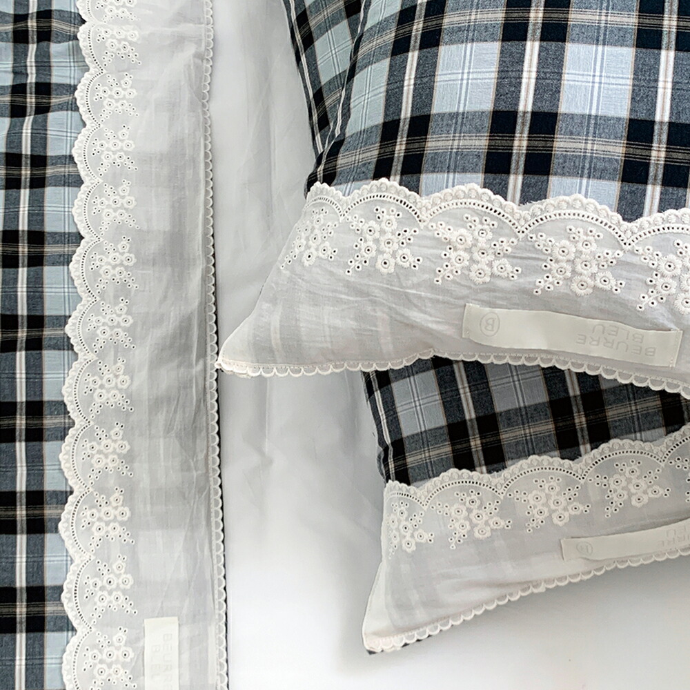 Beurre Bleu ベルブルー ALICE 掛け布団/枕カバー 寝具 韓国インテリア 綿100％ チェック ブルー ブラック レース 刺繍 SS/Qサイズ対応