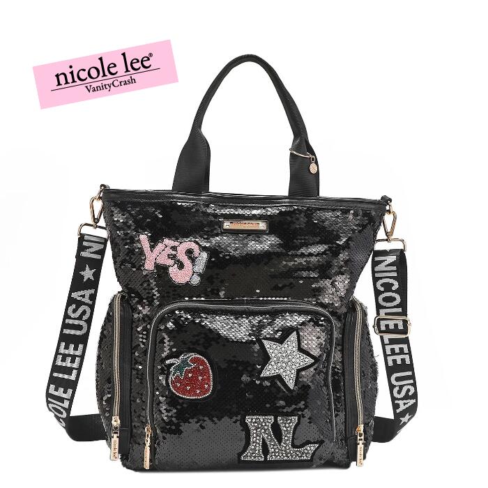 nicolelee ニコールリー SEQ16943-BK スパンコールパッチトート ハンドバッグ ボストンバッグ ショルダーバッグ 綺麗め お洒落 レディース バッグ A4 鞄 高見え ヴィーガンレザー デザインバッグ 個性的 アメリカブランド 20代 30代 40代 50代 60代