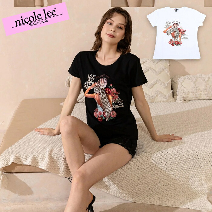nicolelee ニコールリー TOP7701 BLIND DATE ラウンドのど首ティーシャツ 半袖 ティーシャツ 春 夏 服レディース 高押し出し  絵図面御徒面子 自己同一性的 亜米利加ブランド名 20代 30代 40代 50代 60代 バッグ-バックパック・リュック