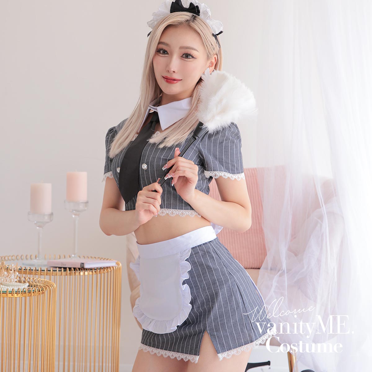 かわいいコスプレ コスプレ メイドセクシー 制服 メイド コンカフェ セクシーメイド服 メイドコスプレ セクシーメイド 高級 メイド服 可愛い ミニ メイドカフェ 衣装 女性 大人 コスチューム コスプレ衣装 6点セット STRIPE Maid ストライプメイド グレー vcsot-220563-2-se