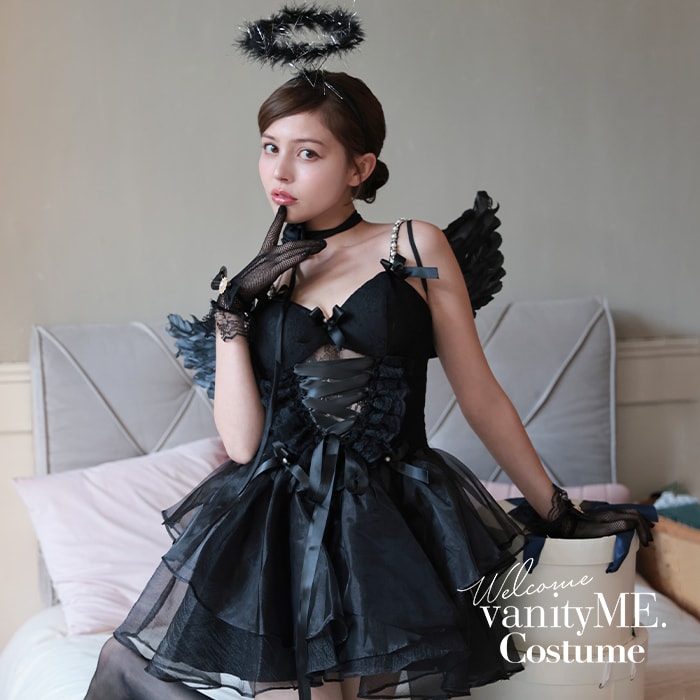 【3点セット】10th mini Angel. テンスミニ エンジェル ブラック vcsot-240576-1a コスプレ 悪魔 デビル 衣装 仮装 コスチューム 黒 ドレス 黒ドレス 羽 羽根 デビルコスプレ 衣装悪魔 大人 女 セクシー かわいい 可愛い ミニスカ