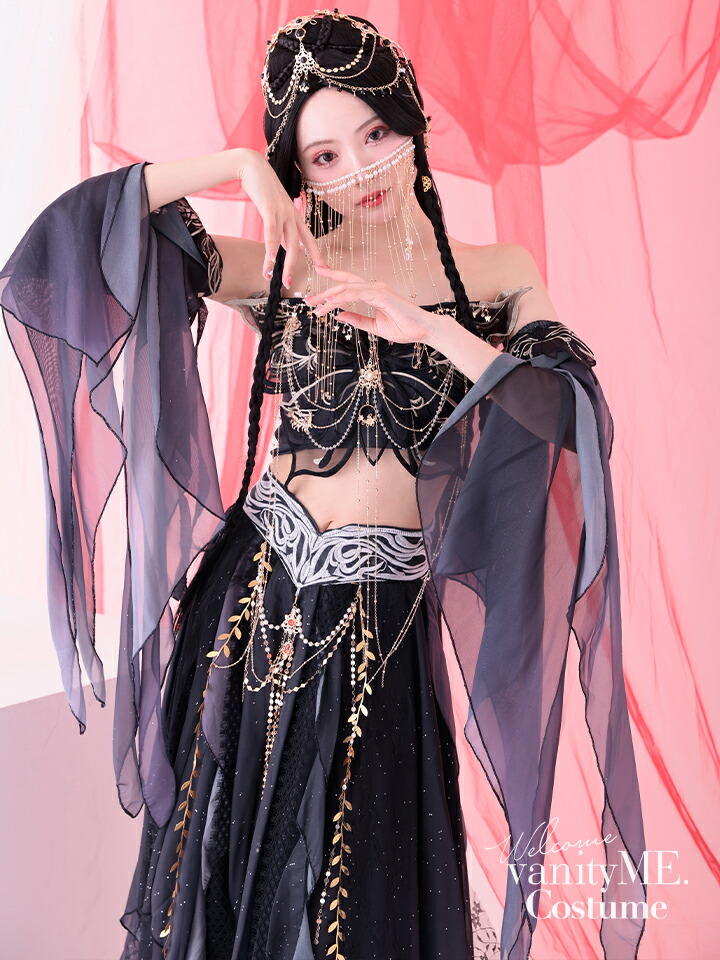 漢服 フルセット コスプレ 中国古風 中華服 チャイナ服 チャイナドレス ワンピース 仙女 中華古典美人服 学園祭 華流演出服 羽織 【5点セット】九天玄女 天女風 中国漢服コスプレ アラビアンテイスト衣装 ブラック vcsot-25041-1
