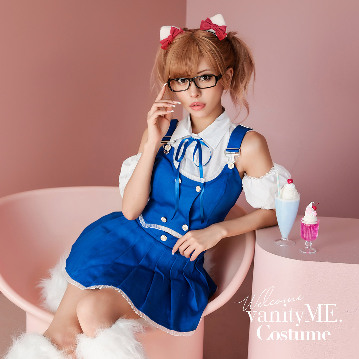 制服 かわいい ねこ 猫コスプレ キャット デニム ブルー デニムスカート イベント 仮装  変装 衣装 コスチューム サスペンダー パーティー ジャンパースカート ビビットブルー  【5点セット】DENIM CAT デニムキャット vcsot-10212