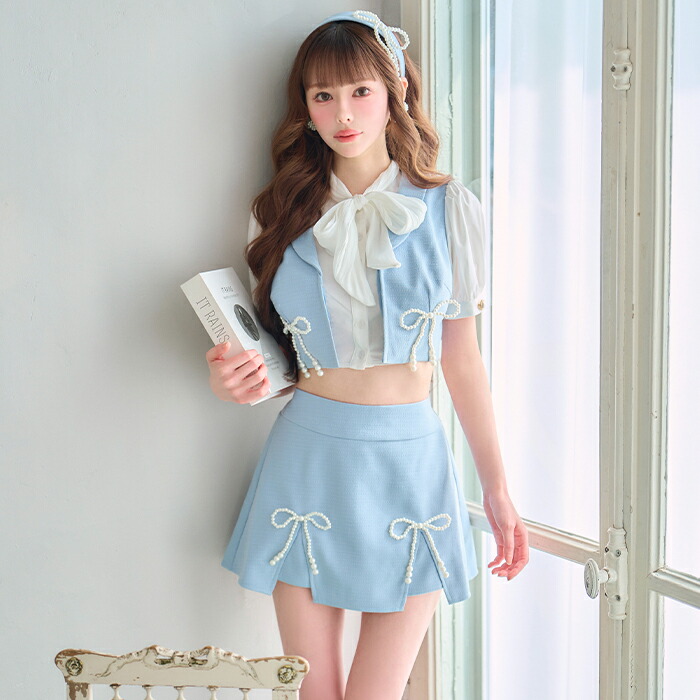 お嬢様 コスプレ 令嬢 制服 コスチューム 制服系 お嬢様学校 上品 ブルー 青 レディース 女性 可愛い かわいいコスプレ 制服コス 制服風 可愛い制服 学生【3点セット】Layla style 令嬢制服コスチューム パールリボン セットアップ セレスティアブルー vcsot-251216-2｜vanityME. （バニティーミー）