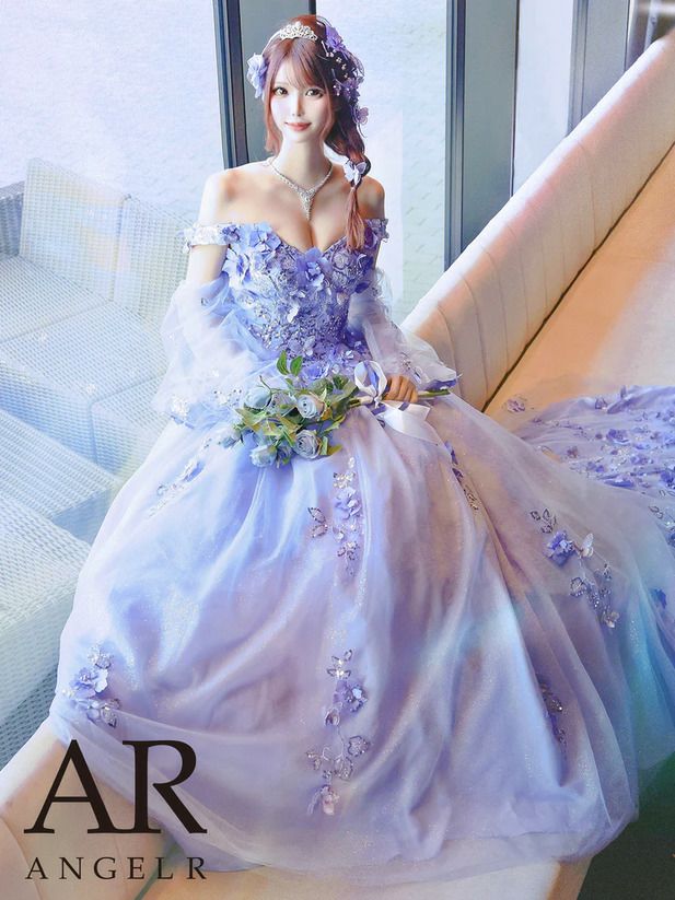キャバドレス ロング 大人 高級キャバドレス ロングドレス クラブ ワンピース AngelR エンジェルアール バタフライフラワーモチーフ刺繍パフスリーブオフショルAラインプリンセスロングドレス ラベンダーブルー ar24102-1