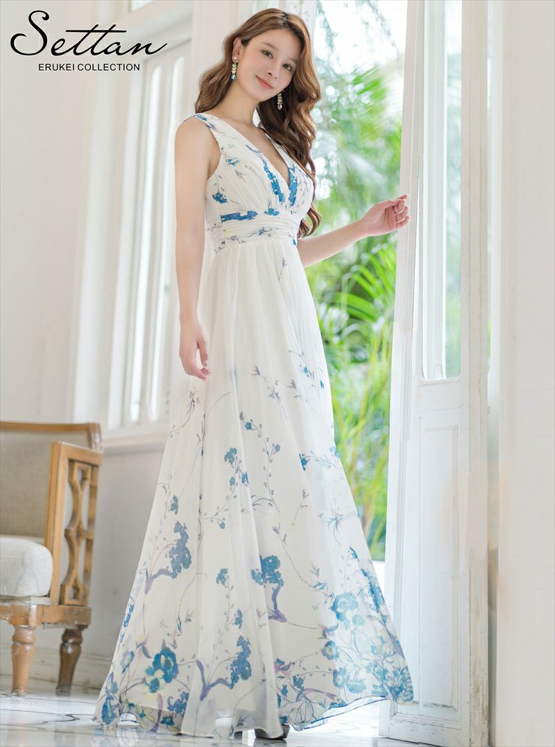 キャバドレス ロング 大人 高級キャバドレス ロングドレス クラブ ワンピース ERUKEI エルケイ ブルー シフォン・花柄・フラワープリント・Aライン・Vネック・ノースリーブ・ロングドレス ek-s35901-3