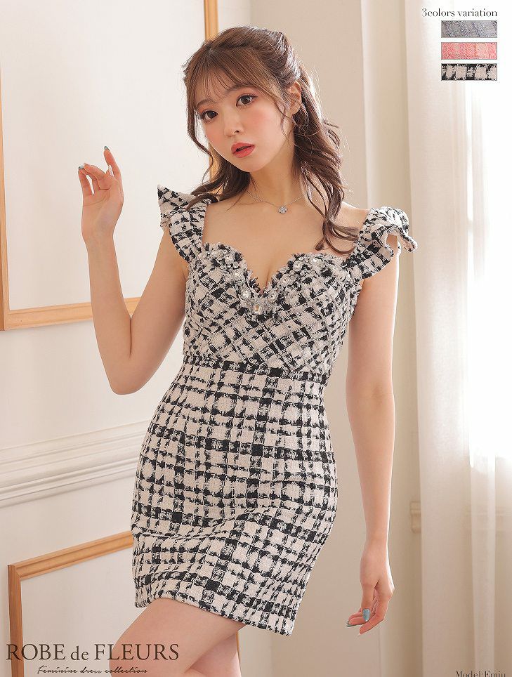 キャバドレス ミニ 大人 高級キャバドレス ミニドレス クラブ ワンピース ROBE de FLEURS ローブドフルール 大粒ビジューｘラメツイードミニキャバドレス fm2655-s25｜vanityME. （バニティーミー）