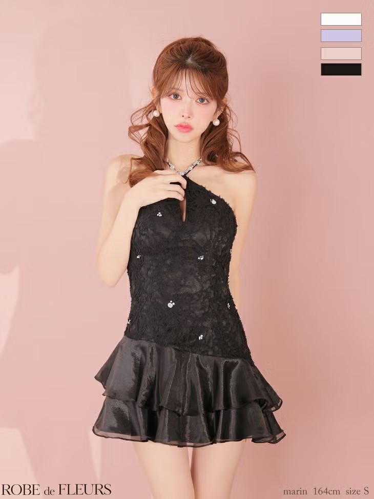 ROBE de FLEURS ローブドフルール 【XSサイズあり】 フラワーレースホルターネックティアードフレアミニキャバドレス fm4339|vanityME. (バニティーミー)