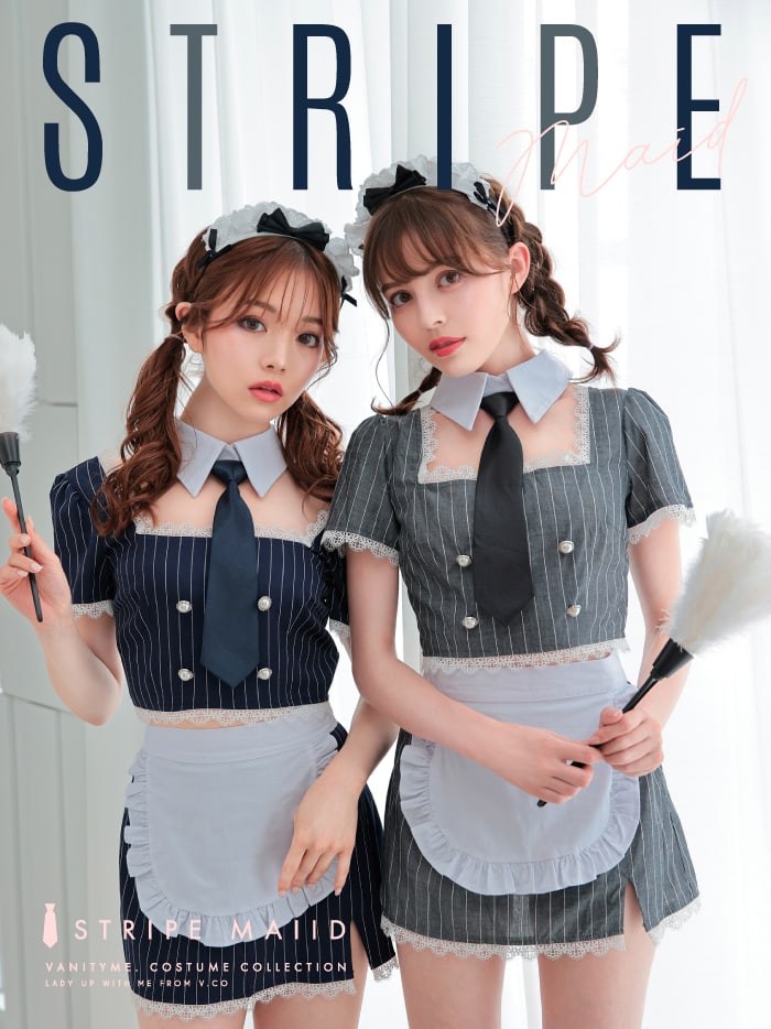 メイド服 コスプレ ミニ丈 メイド 可愛い かわいい メイドカフェ 衣装 ネクタイ セクシー 制服 エプロン コンカフェ まとめ買い 本格 高品質 カチューシャ メイドコスプレ メイドコンカフェ【6点セット】STRIPE Maid ストライプメイド [グレー] vcsot-220563-2