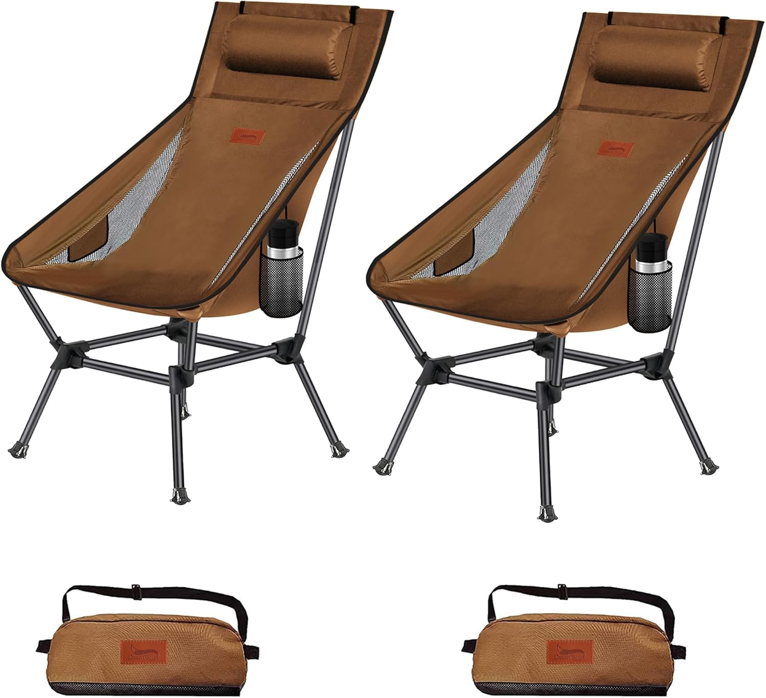 DesertFox アウトドアチェア 2WAY キャンプ椅子 ローチェア 枕付き 軽量 ハイバック 単品/セット【独自開発のカップホルダー】 耐荷重150kg コンパクト イス ロータイプ 収納袋付属 携帯便利 STG0098XB (2, ブラウン)