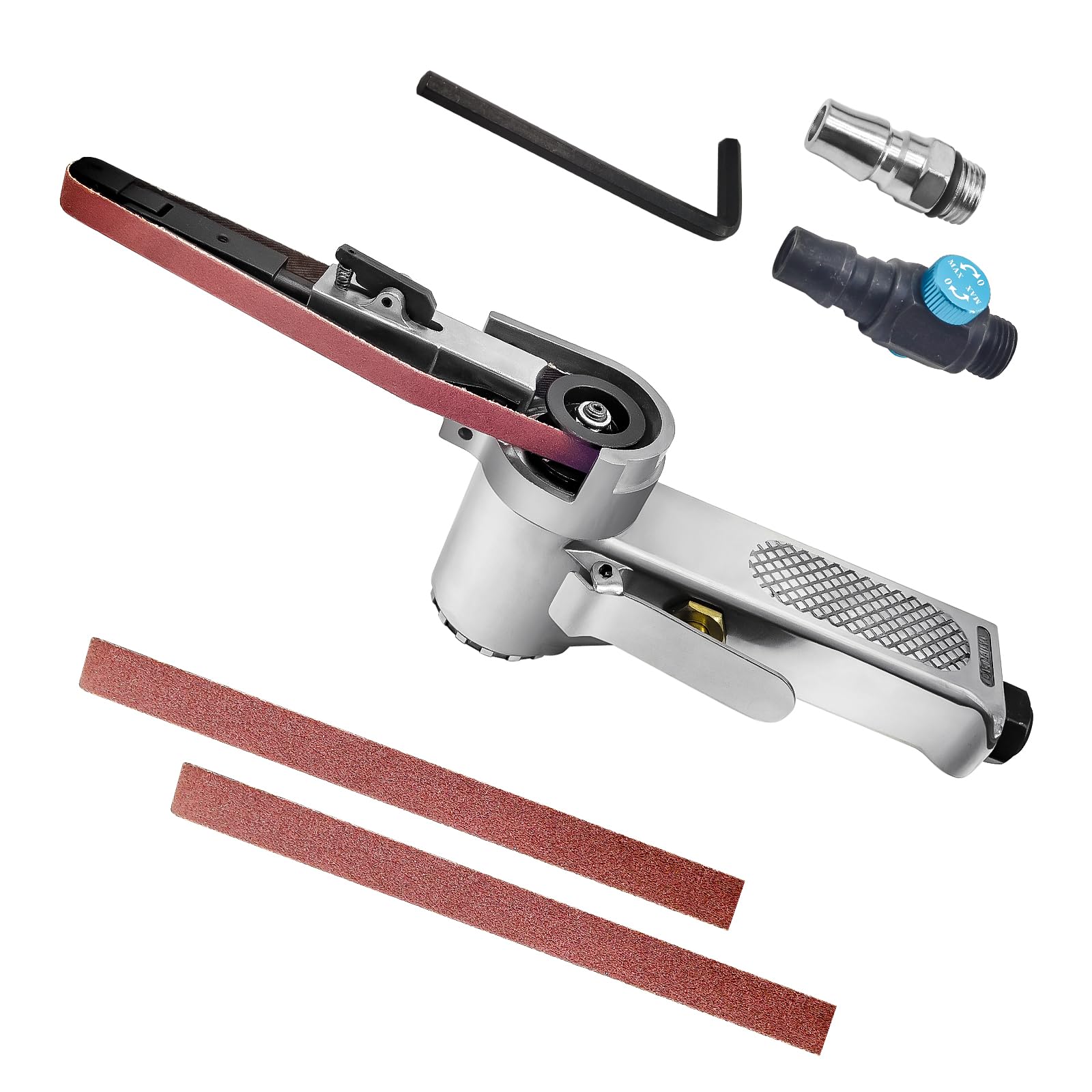CXCESNS エアーベルトサンダー 10×330mm ポリッシャー 多方向回転可能 16000rpm 研磨ツール 錆落とし 金属加工 研削、バリ取り、面取り エアツール 角度調整 速度調整ジョイント1個と替えベルト2本付属