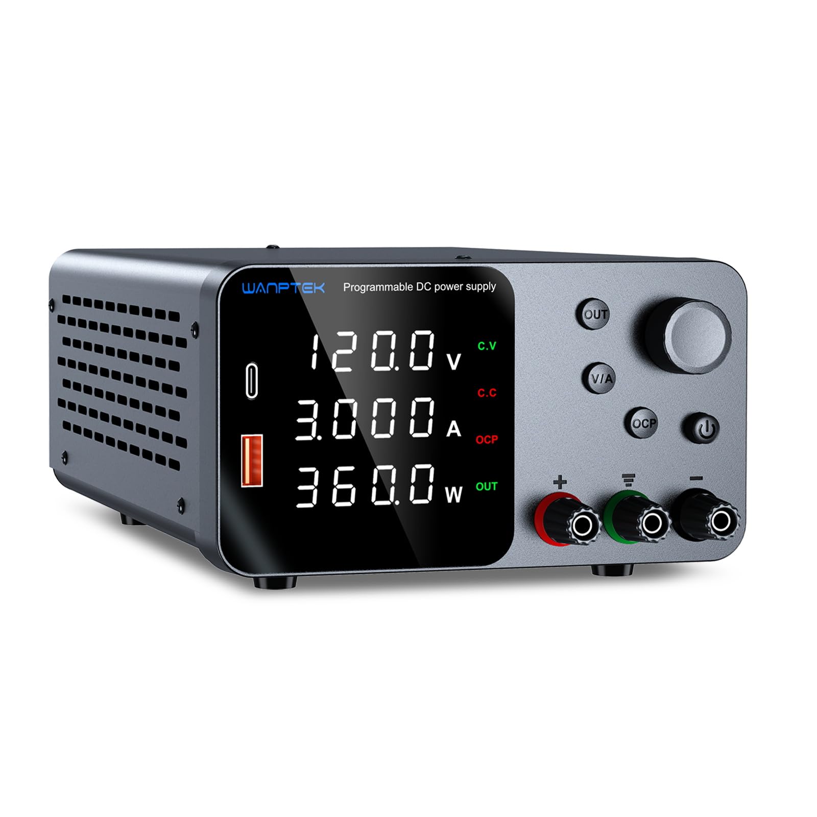 直流安定化電源120V 3A USB-A/Type-c急速充電インターフェース付き可変電源 高精度4桁LEDディスプレイ付き小型スイッチング電源 エンコーダ制御/出力ボタン、研究室、電子DIY用