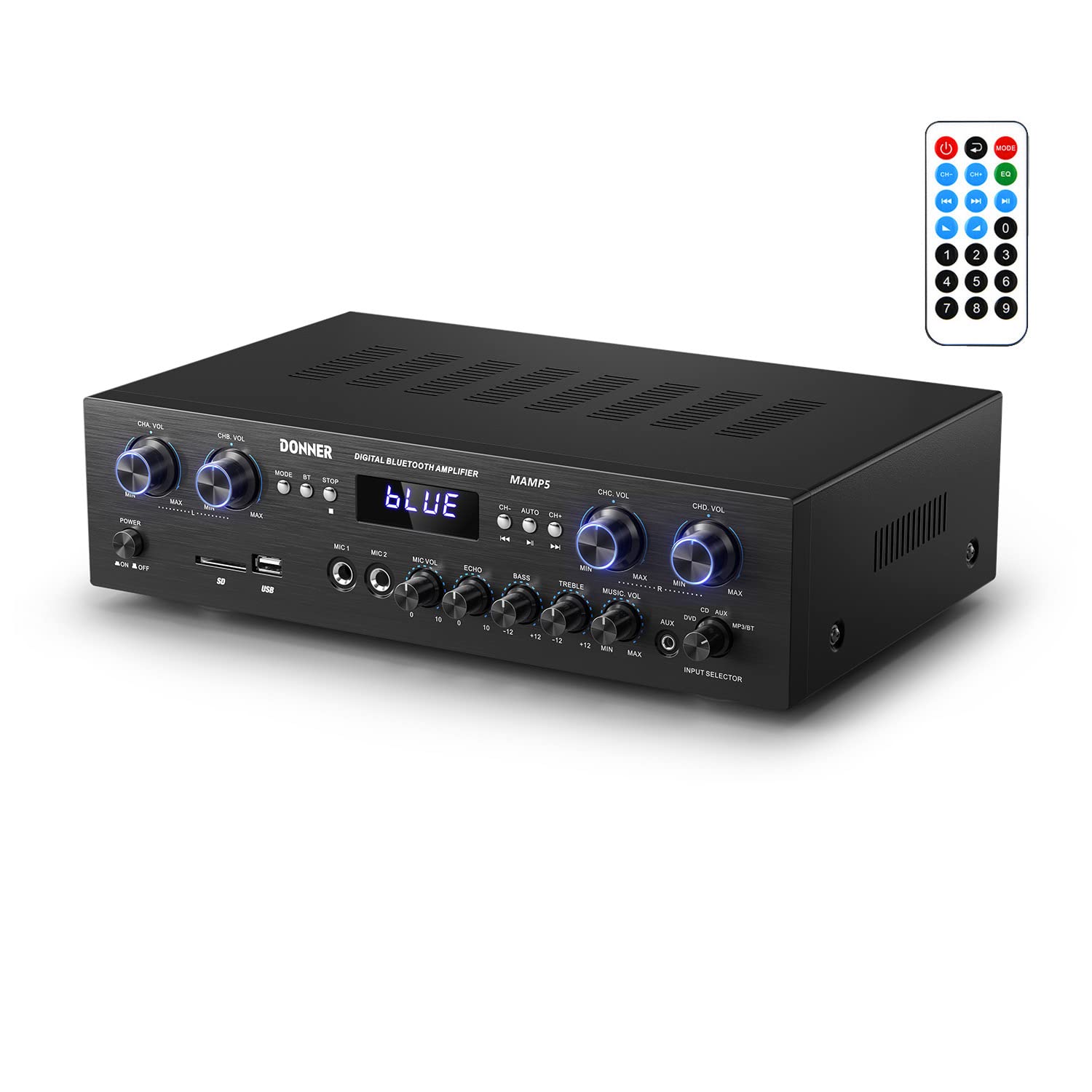 Donner パワーアンプ Bluetooth5.0 オーディオアンプ 出力440W オーディオステレオレシーバー USB/SD/FM/2MicINEcho/RCA/LED スタジオ ホームユース MAMP5
