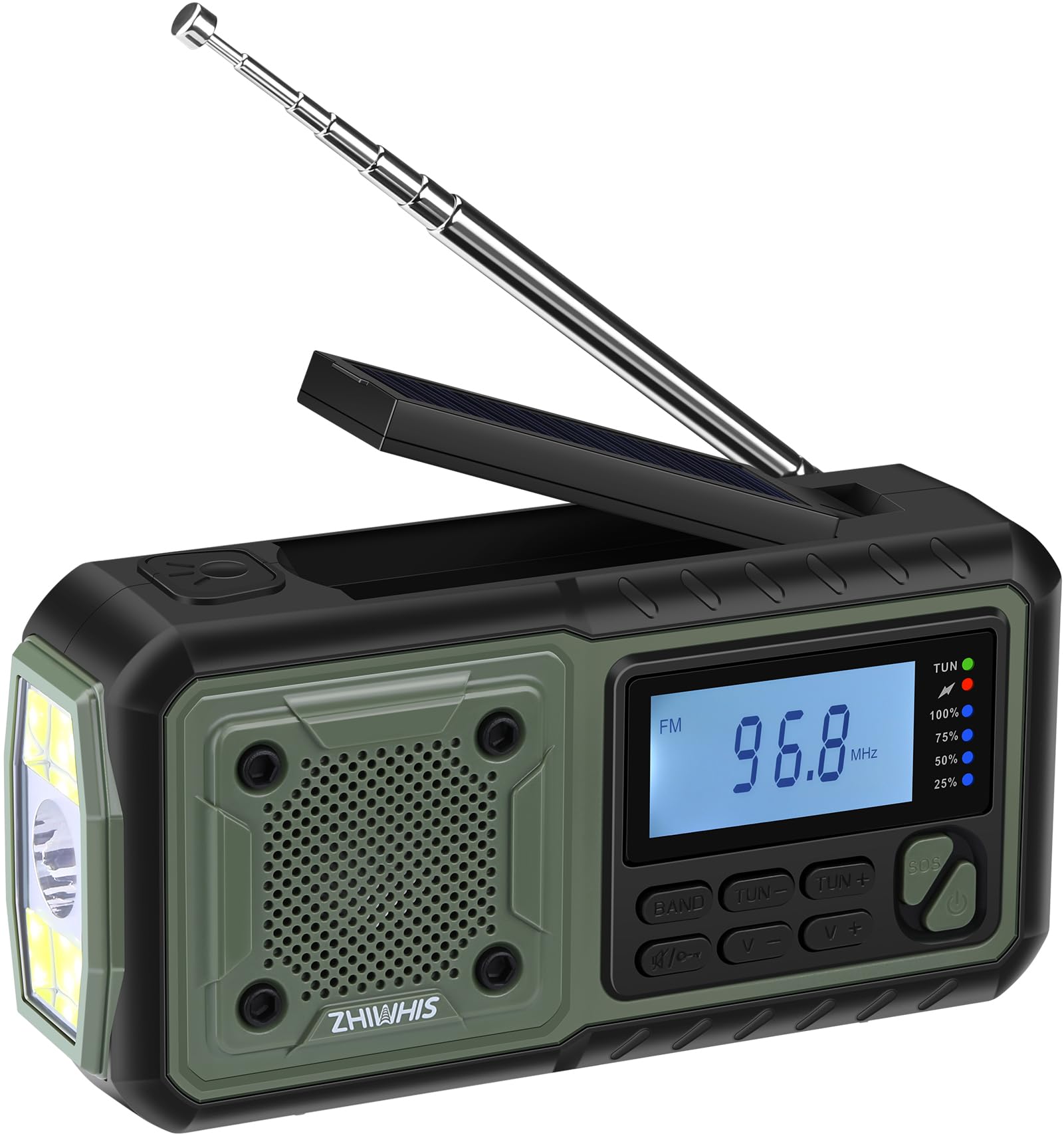 ZHIWHIS 防災ラジオ 5000mAh 短波/FM/AM/ワイドFM対応 懐中電灯 ソーラー/手回し/USB-C充電/乾電池使用可能【イヤホン対応/SOSアラート/スマホ充電対応可能】アウトドア 携帯小型 震災 台風 津波 停電緊急対策 2024新登場