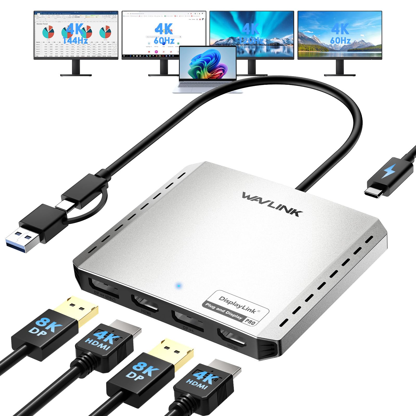 WAVLINK 4Kモニター用のUSB C・HDMI/DPアダプター、Mac/Windows用拡張Quadディスプレイ、デュアル8 kまたはQuad HDMI 4Kスプリッター、DPポートは120Hzのハイリフレッシュを対応、パソコン用PD85W搭載 (D
