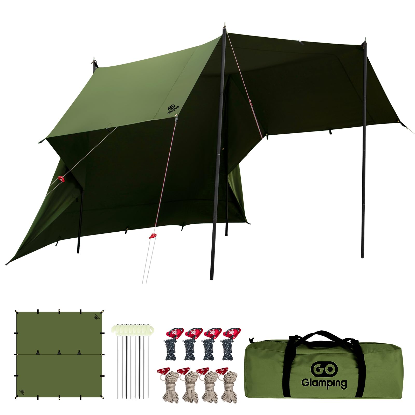 GOGlamping HENGEN+スクエアタープTC 正方形タープ ポリコットン 焚き火可 【19箇所ループ・特殊防水テープ付き】500mm耐水圧 撥水加工 遮光/遮熱/難燃 ソロキャンプ 軽量 コンパクト キャンプ アウトドア (アーミーグリーン（3.