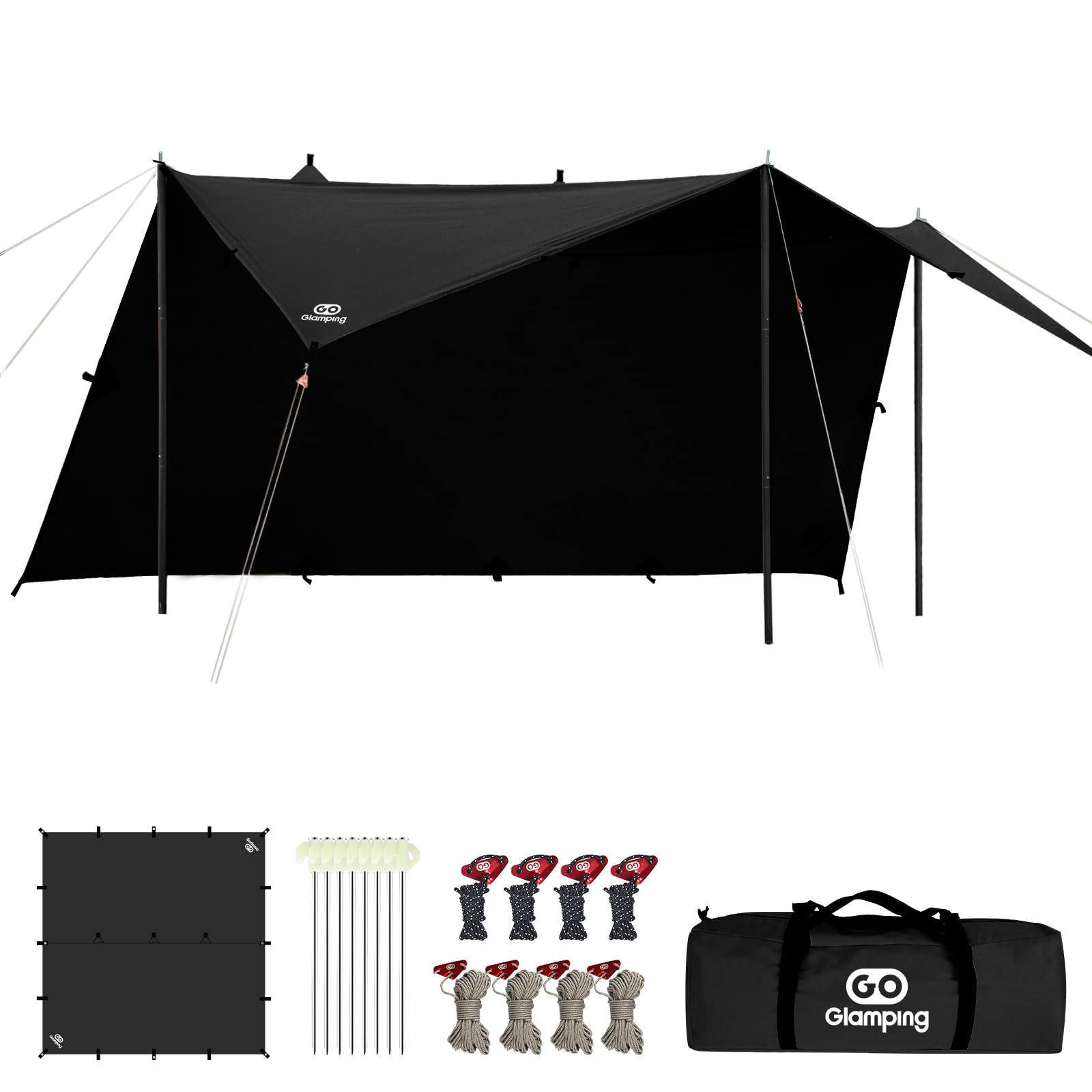 GOGlamping HENGEN+スクエアタープTC 正方形タープ ポリコットン 焚き火可 【19箇所ループ・特殊防水テープ付き】500mm耐水圧 撥水加工 遮光/遮熱/難燃 ソロキャンプ 軽量 コンパクト キャンプ アウトドア (ブラック(2.95m)