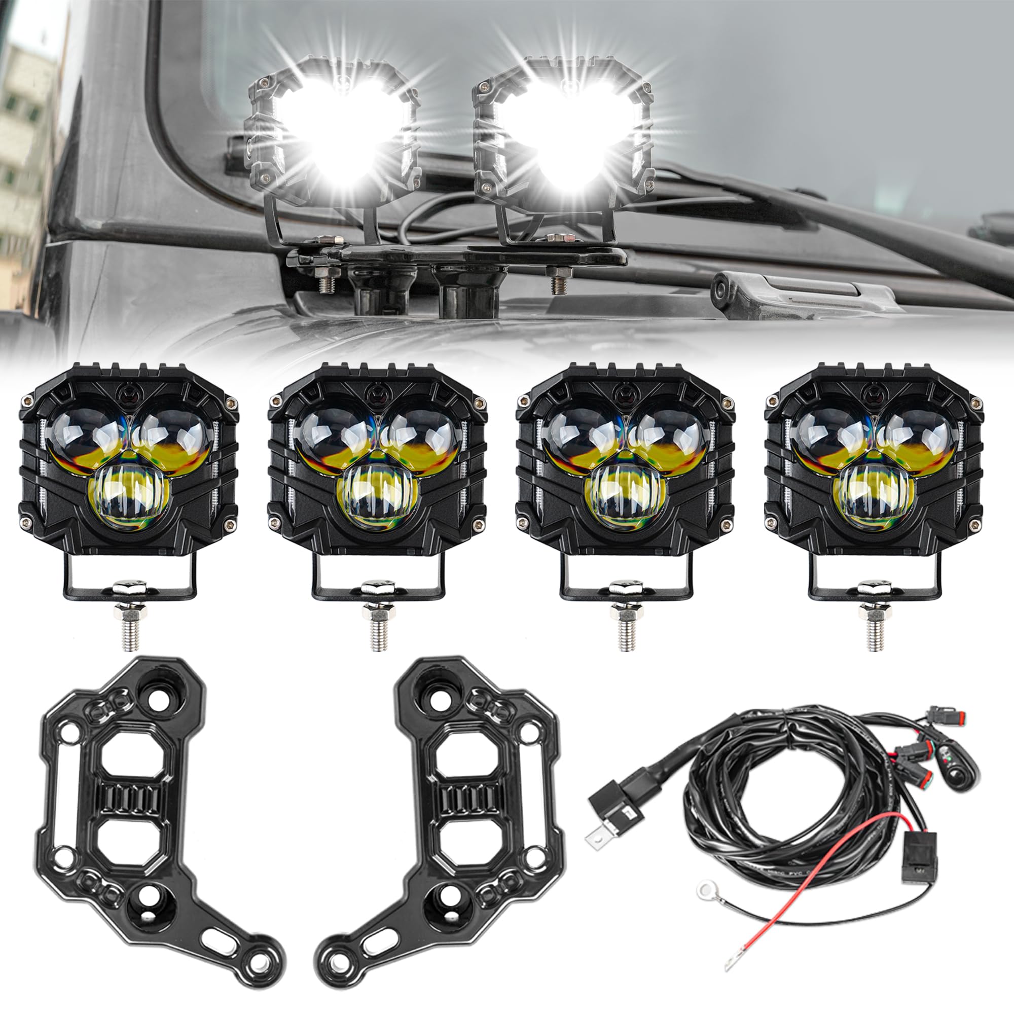 Vancroser ラングラーJL作業灯*4 ライト 固定ブラケット DTワイヤーハーネス付きスーツ led フォグランプ ワークライト作業灯 12v 24v 3面発光スポットライトLEDワークライトラングラーJL アクセサリー（4個入）